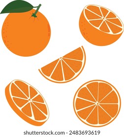 Orange fruit with leaf on white background. full, half and different slices set of healthy food. Vector illustration design element.