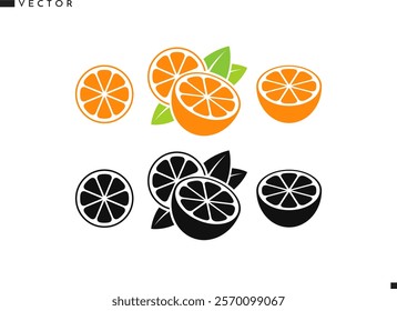 Orange fruit with leaves. Citrus fruit vector. Isolated orangr fruit on white background. Organic food icon. Vegan food sign. Vector illustration EPS  