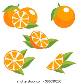 Orange fruit with leaves. Collection of different fresh orange fruit.