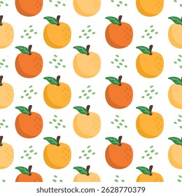 Orange fruit and leaves hand drawn, seamless vector design for print on fabric and other uses.