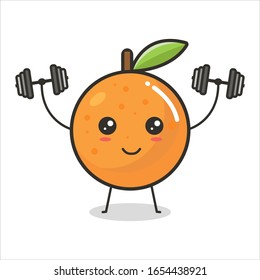 Orange fruit lifting the barbell in both hands Mascot Character Cute Outline Flat Design Vector Illustration