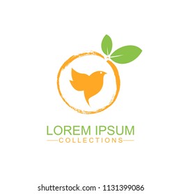 Orange fruit logo design template and emblem made with bird and - natural badge for cosmetics