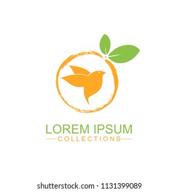 Orange fruit logo design template and emblem made with bird and - natural badge for cosmetics