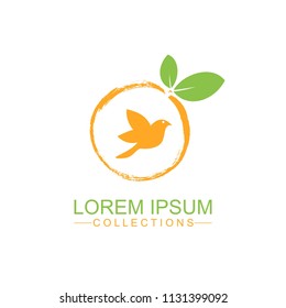 Orange fruit logo design template and emblem made with bird and - natural badge for cosmetics
