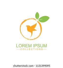 Orange fruit logo design template and emblem made with bird and - natural badge for cosmetics