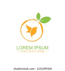 Orange fruit logo design template and emblem made with bird and - natural badge for cosmetics