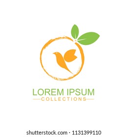 Orange fruit logo design template and emblem made with bird and - natural badge for cosmetics