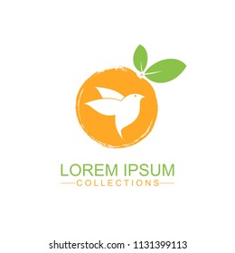 Orange fruit logo design template and emblem made with bird and - natural badge for cosmetics