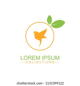 Orange fruit logo design template and emblem made with bird and - natural badge for cosmetics