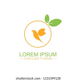 Orange fruit logo design template and emblem made with bird and - natural badge for cosmetics