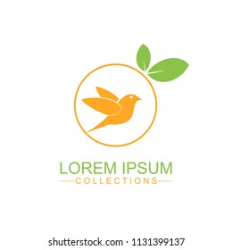 Orange fruit logo design template and emblem made with bird and - natural badge for cosmetics