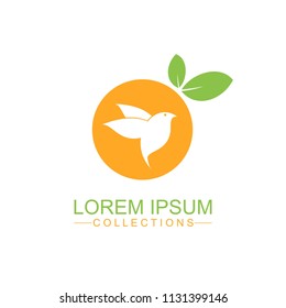 Orange fruit logo design template and emblem made with bird and - natural badge for cosmetics