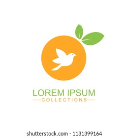 Orange fruit logo design template and emblem made with bird and - natural badge for cosmetics
