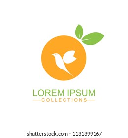Orange fruit logo design template and emblem made with bird and - natural badge for cosmetics