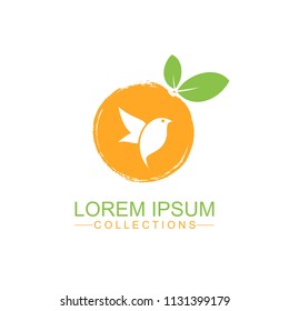 Orange fruit logo design template and emblem made with bird and - natural badge for cosmetics