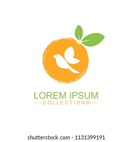 Orange fruit logo design template and emblem made with bird and - natural badge for cosmetics