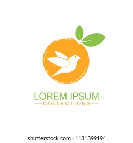 Orange fruit logo design template and emblem made with bird and - natural badge for cosmetics