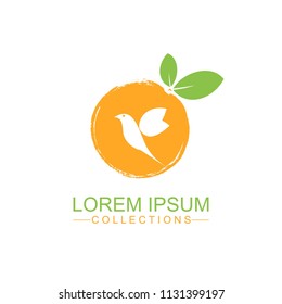 Orange fruit logo design template and emblem made with bird and - natural badge for cosmetics