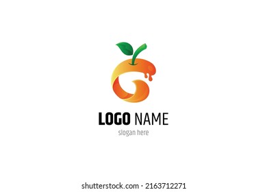 Orange fruit logo with fresh water effect. Fruit grower symbol, beverage products, fresh juices, natural vitamins. Orange color gradient 3d concept