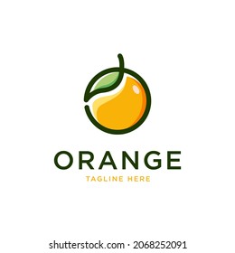 Orange Fruit logo with green leaf one line design template