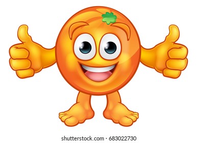 An orange fruit mascot cartoon character giving a thumbs up