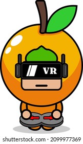 orange fruit mascot costume vector cartoon character playing virtual reality game