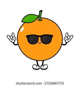 Mascote de frutas laranja com uma folha verde e pés pequenos sorrindo alegremente, usando óculos escuros e segurando as duas mãos no gesto de rock and roll, desfrutando de um estilo de vida legal e divertido