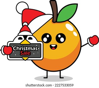 orange fruit mascot vector cartoon character wearing a santa hat and holding a christmas sale board
