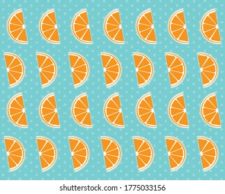 Orange fruit on blue background, vector illustration. Fruit pattern of sliced orange. Wall paper design, healthy organic art design, artwork