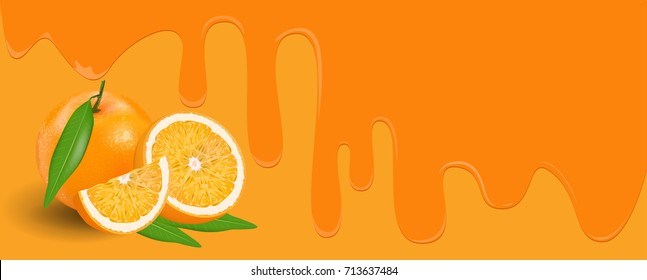 Orange fruit on yellow and orange background, flowing juicy syrup and copy space for text. vector illustration.