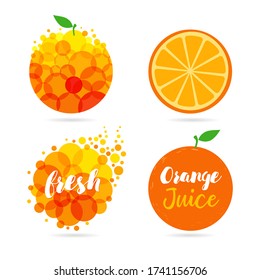 Orange fruit. Oranges that are segmented on a white background. Fresh juice apple, papaya, mango logo set citrus design. Orange and yellow drops bubbly creative vector illustration
