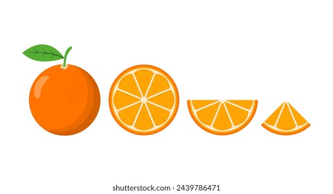 Naranja. Naranjas que se segmentan sobre un fondo blanco en un estilo de vector plano