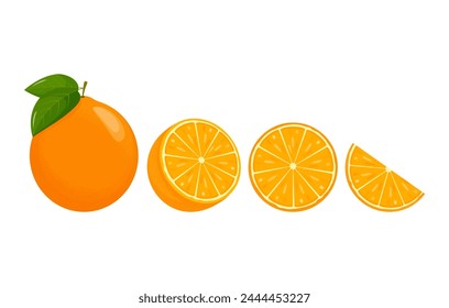 Naranja. Naranjas segmentadas sobre fondo blanco, jugosas frutas de temporada, cítricos. Ilustración vectorial.