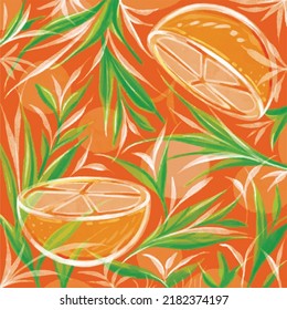 Orange fruit pattern with green leaves fresh background pattern vector illustration with watercolor style for wallpaper and background. Can be used for paper print, wrapping, gift, greeting card.