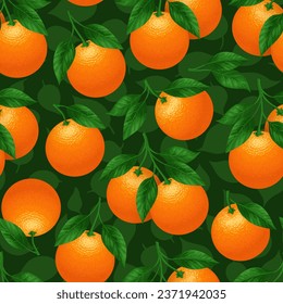 Orange fruit. Pattern of oranges on a green background with leaves. Oranges on a branch with leaves. The design is great for wallpaper, fabric, labels, packaging.