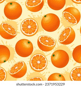 Orange fruit. Pattern of oranges on a light background. Whole orange fruit sliced with juicy splashes. The design is great for wallpaper, fabric, labels, packaging.