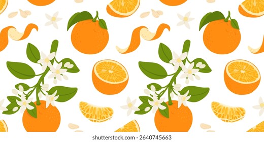 Orange fruit. Pattern of oranges on a white background. Whole orange fruit, cut in half and into slices. The design is great for wallpaper, fabric, labels, packaging.