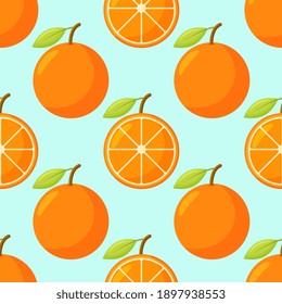 Orange fruit pattern. Sweet beautiful citrus seamless background with yellow juicy oranges