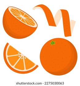 Orange Fruit. Peel, Half An Orange, Slice. Colorful Tasty And Juicy Flat Style Vector Illustration