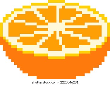 Orange fruit. Pixel art retro icons for 8 bit video game design. Old school computer graphics style. Vector illustration on a white background.