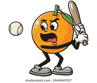 Orange fruit playing baseball cartoon mascot illustration character vector clip art hand drawn