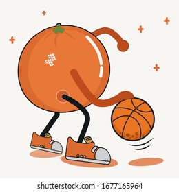 Orange fruit playing basket ball cartoon character vector illustration. Sport education concept