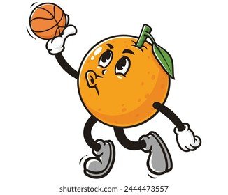 Orange fruit playing slam dunk basketball cartoon mascot illustration character vector clip art hand drawn