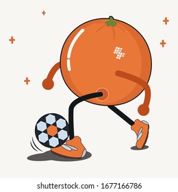 Orange fruit playing soccer ball cartoon character vector. Sport education concept