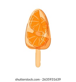 Orange fruit popsicle ice cream with fruit slice inside on wooden stick in cartoon style isolated on white background. Ideal for summer package design, cafe menu.