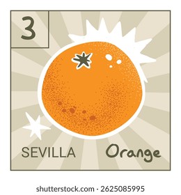 Orange fruit postage stamp template. Vector vintage style design isolated on transparent background. Hand-drawn mail postmark with exotic tropical fruit . Bright and trendy cartoon sticker.