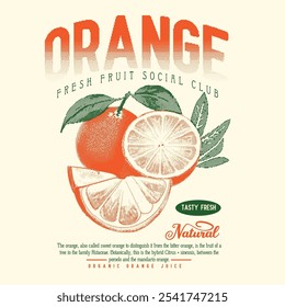 desenho de impressão de frutas laranja. moda de comida tropical de verão. moda vintage retro. texto de tipografia de slogan laranja. natural saboroso design de impressão de frutas frescas.