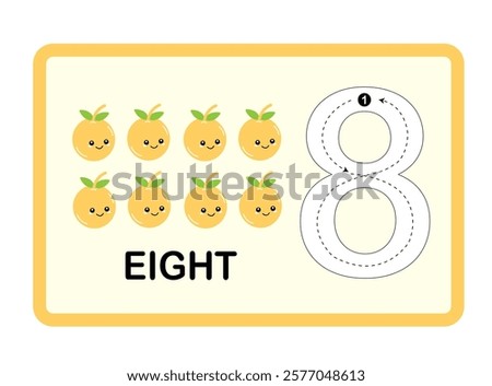 Orange Fruit Printable Number, Tracing Guide Flashcards