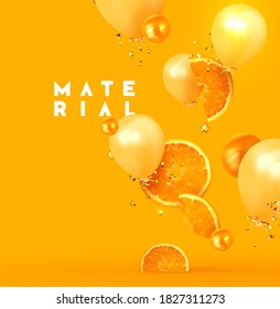 Orange fruit realistic design slices and halves. Background with citrus fruits and beige balloon, gold glitter confetti. Vector illustration