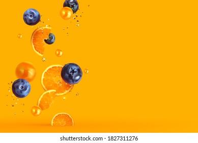 Orange fruit realistic design slices and halves. Background with citrus fruits and berries blueberries, currants. Vector illustration